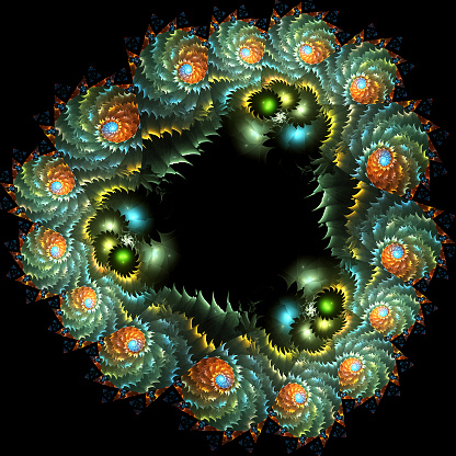 Abstract computer-generated image of a wreath of flowers and leaves as a frame or design element