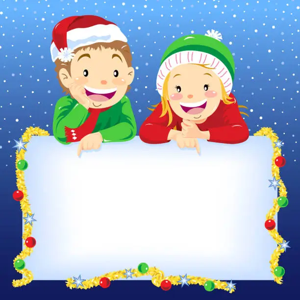 Vector illustration of Kids pointing a christmas notice