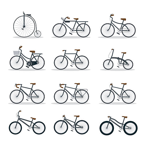 Bicycle Types, Objects Icons Set Multicolored penny farthing bicycle stock illustrations
