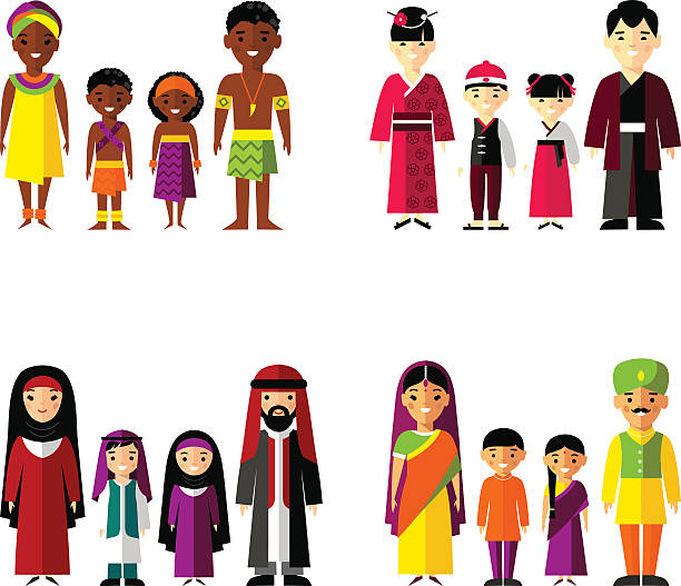 illustrations, cliparts, dessins animés et icônes de illustration vectorielle de-africain, asiatique et arabe, indian famille - middle eastern ethnicity illustrations