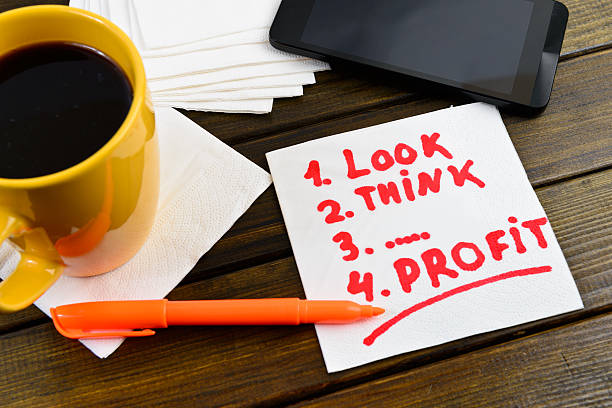 istock Look think profit writing on white napkin 488999030
