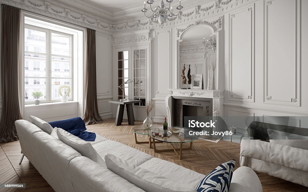 Victorian style living room with modern furniture 3d render using 3ds Max Indoors Stock Photo