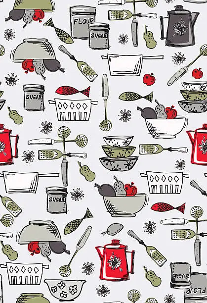 Vector illustration of Retro kitschy Kitchen Seamless Pattern