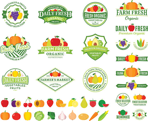 ilustraciones, imágenes clip art, dibujos animados e iconos de stock de frutas y verduras etiquetas, iconos de frutas y verduras, - apple sign food silhouette