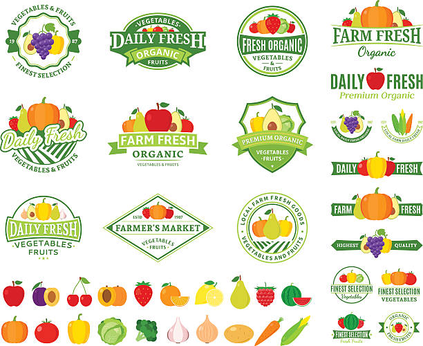 Fruits and Vegetables Labels, Fruits and Vegetables Icons Set of fruit and vegetables labels templates. Fruit and vegetables labels with sample text. Fruits and vegetables icons for groceries, agriculture stores, packaging and advertising. Vector label design. organic spice stock illustrations