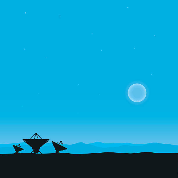 Radio telescopes against starry sky vector art illustration