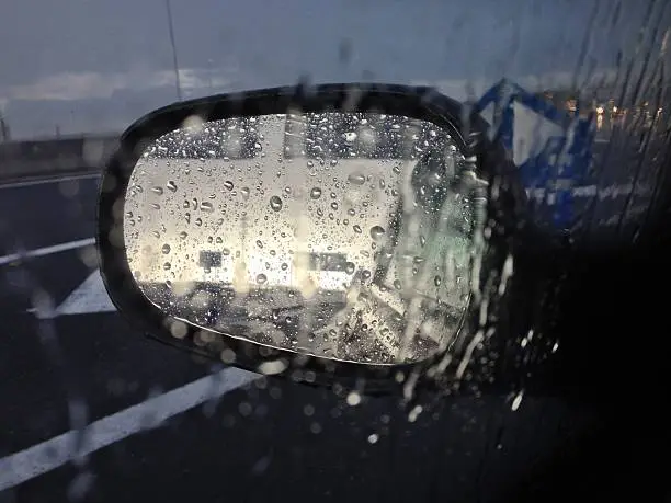 Rearview mirror in a raining day