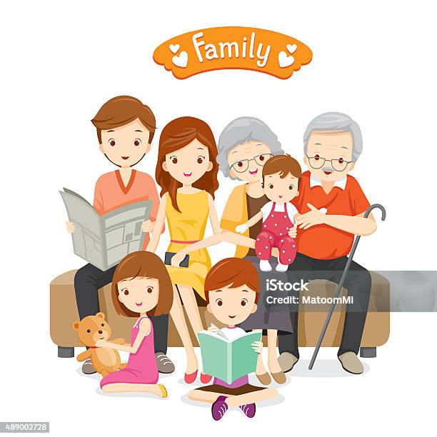 Happy Family Siting On Sofa And Floor Stock Illustration - Download Image Now - Family, Happiness, Day