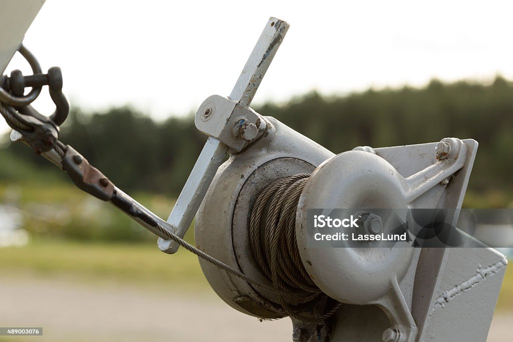 Winch for boats A winch with a wire on a trailer 2015 Stock Photo