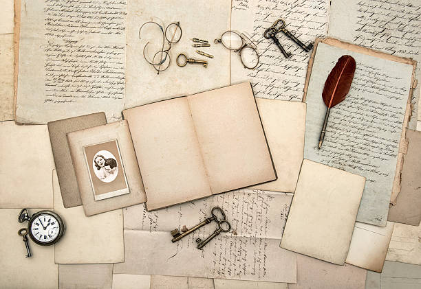 istock open book, old letters, postcard, photo, keys, clock 489003217