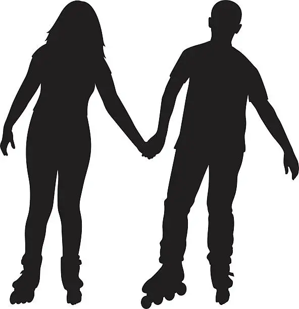 Vector illustration of Couple Holding Hands on Rollerblades