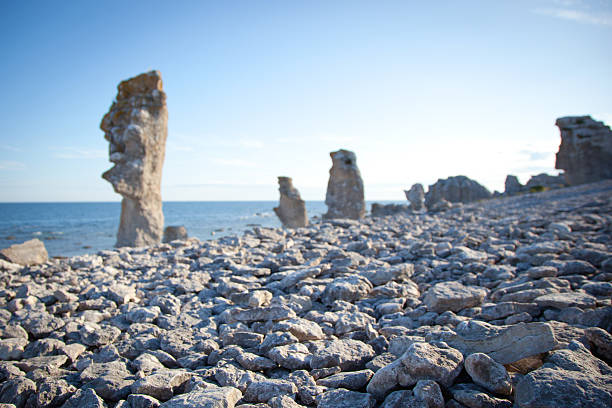 침식 석회암 스택 유클리드의 섬 파뢰 스웨덴 - stone nature eroded cliff 뉴스 사진 이미지