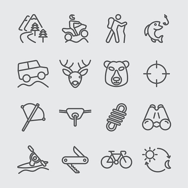 outdoor-abenteuer-linie-icon - recreational pursuit mountain biking nature outdoors stock-grafiken, -clipart, -cartoons und -symbole