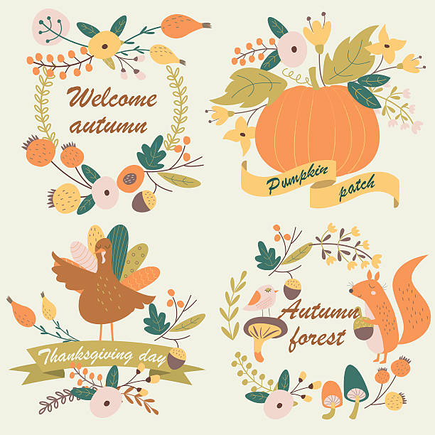 ilustraciones, imágenes clip art, dibujos animados e iconos de stock de pumpkinpatch - wreath autumn flower thanksgiving