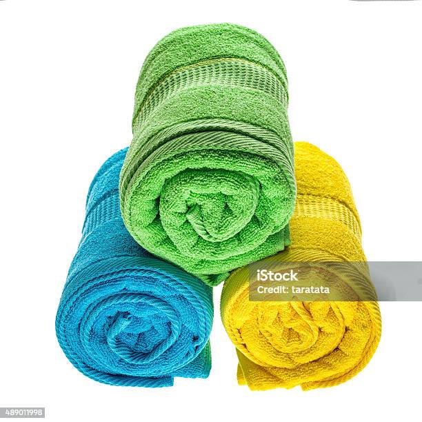 Towels Pile Isolated Stock Photo - Download Image Now - 2015, Blue, Body Care