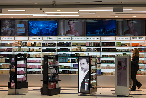 Miami, U.S.A. - September 12, 2015: Duty Free cosmetics store at Miami International Airport,  U.S.A.