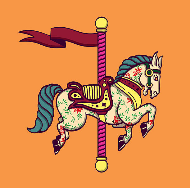 ilustraciones, imágenes clip art, dibujos animados e iconos de stock de carrusel de historieta merry-go-round horse, funfair poni carnival - carousel horses
