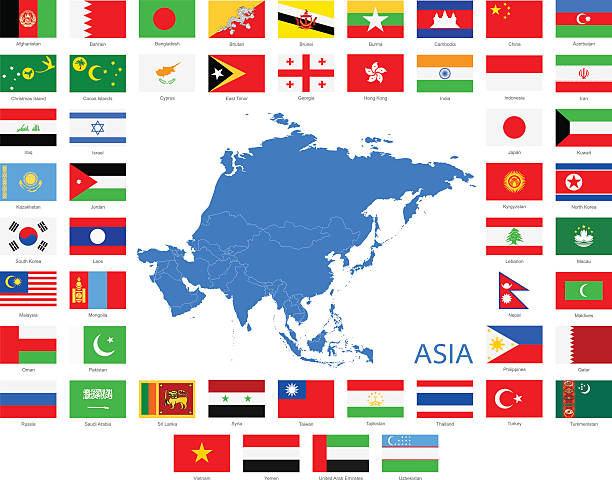 Asia - Flags and Map - Illustration Asian Flags Full Collection and Map of Asia united arab emirates flag map stock illustrations