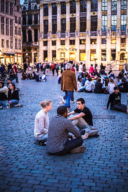 Tourists on the Grand Place in Brussels. stock photo