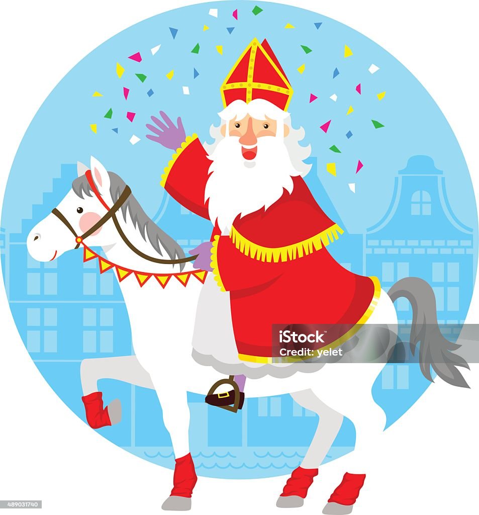 Sinterklaas on his horse cartoon Sinterklaas or St. Nicholas riding his horse St. Nicholas stock vector