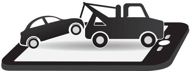 illustrazioni stock, clip art, cartoni animati e icone di tendenza di bianco e nero tow e assistenza stradale icona di design - tow truck car computer icon auto accidents