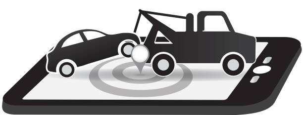 illustrazioni stock, clip art, cartoni animati e icone di tendenza di tow e assistenza stradale app icona di design - tow truck car computer icon auto accidents