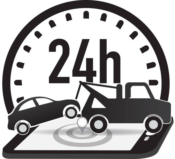 illustrazioni stock, clip art, cartoni animati e icone di tendenza di traino 24 ore su 24 e il servizio di assistenza stradale telefono app icona - tow truck car computer icon auto accidents