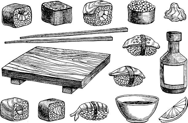 벡터 수작업 스시 설정합니다. - sushi japan maki sushi salmon stock illustrations