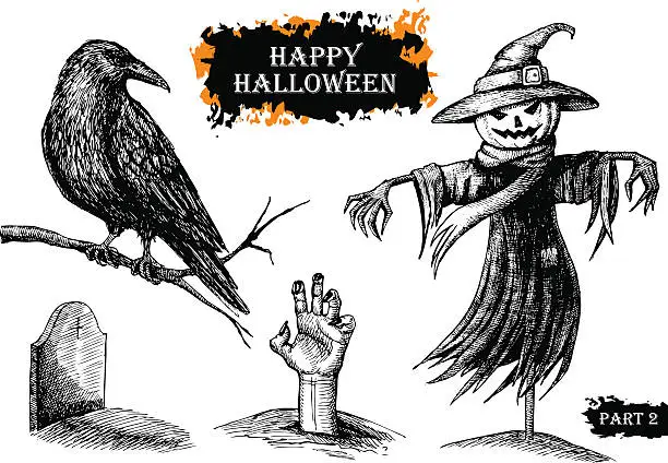 Vector illustration of Vector hand drawn Halloween set. Vintage illustration.