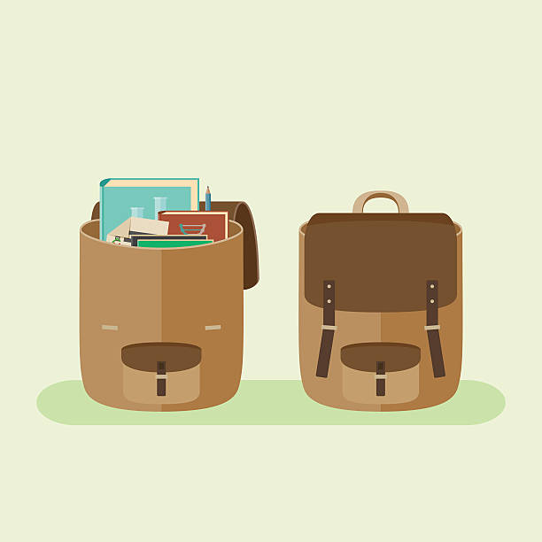 Backpack Simple vector flat icon of open and closed school backpacks. satchel bag stock illustrations