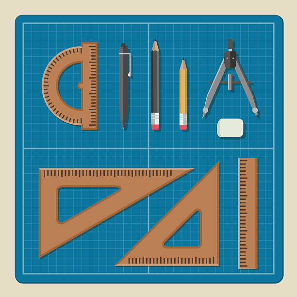 아키텍처 청사진을 통해 전문 장비. - drawing compass architecture work tool engineering stock illustrations