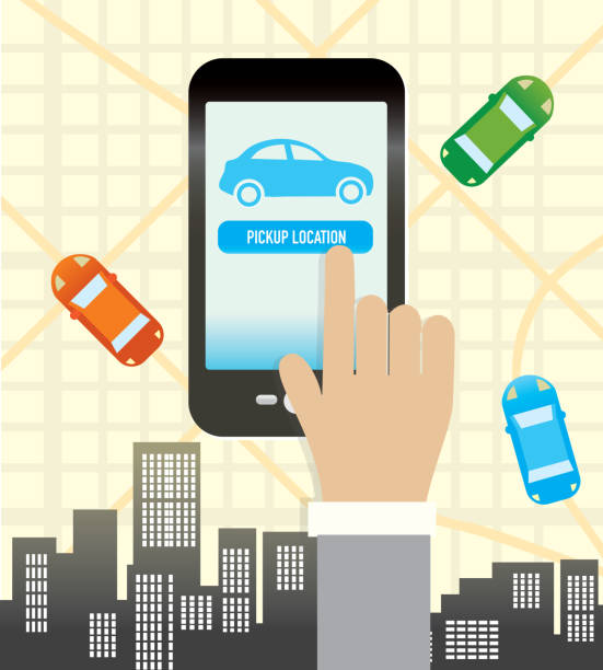 ilustrações de stock, clip art, desenhos animados e ícones de rideshare ou a viagem de casa para o trabalho telefone móvel app conceito - vista aérea de carro isolado