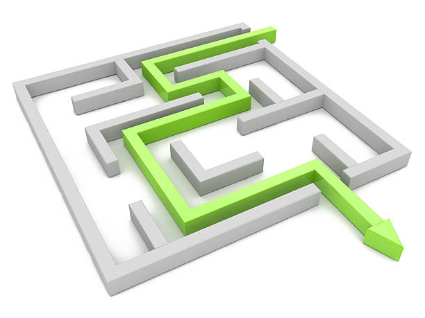 concetto di soluzione: percorso verde freccia mostrando labyrinths fine, via o - maze solution business plan foto e immagini stock
