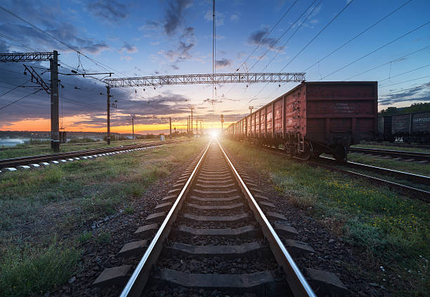 istock Cargo train platform at sunset. Railroad in Ukraine. Railway 489038590