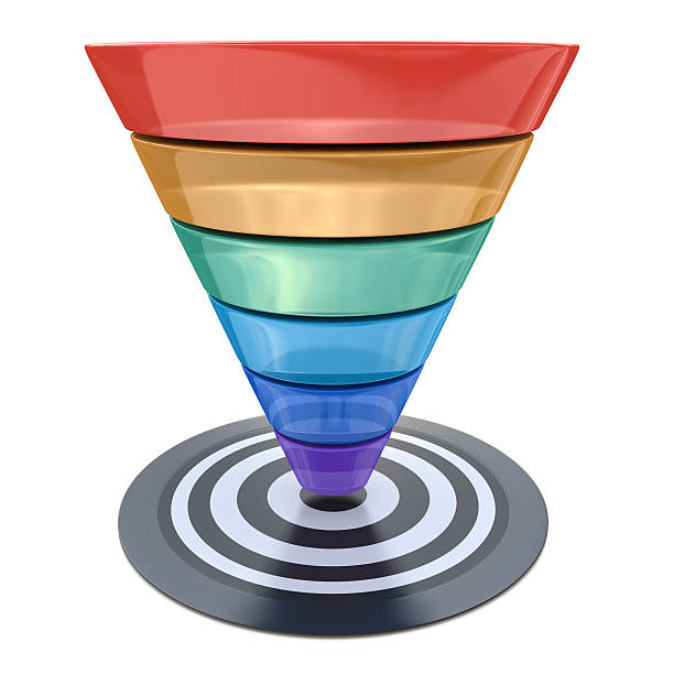 imbuto di conversione su sfondo bianco con un obiettivo - purchase funnel foto e immagini stock