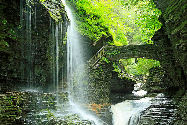 Rainbow Falls Waterfalls in Watkins Glen State Park, New York watkins glen stock pictures, royalty-free photos & images