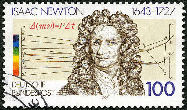 briefmarke deutschland 1993 sir isaac newton 1642-1727, naturwissenschaftler - postage stamp correspondence postmark macro stock-fotos und bilder