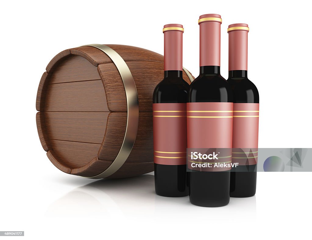 Wine bottles and barrel Wine bottles and barrel isolated on white background. 3d rendering illustration Alcohol - Drink Stock Photo