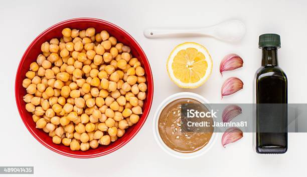 Ingredients For Home Made Hummus Stock Photo - Download Image Now - Bottle, Chick-Pea, Crockery