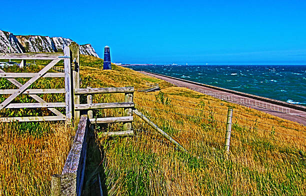 istock Samphire Hoe Tower with wood fence in foreground 489041596