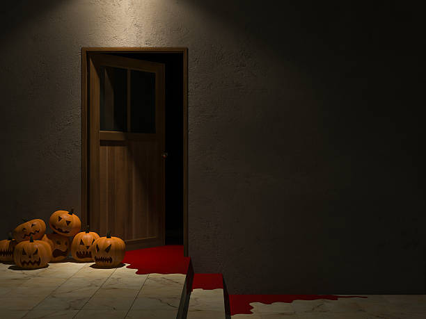 istock 3d door and pumpkin heads 489043466