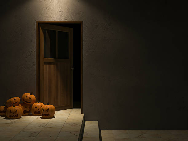istock 3d door and pumpkin heads 489043904