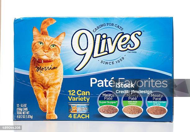 9lives Patã Favorites Cat Food Cans Box Stock Photo - Download Image Now - 2015, Blue, Box - Container