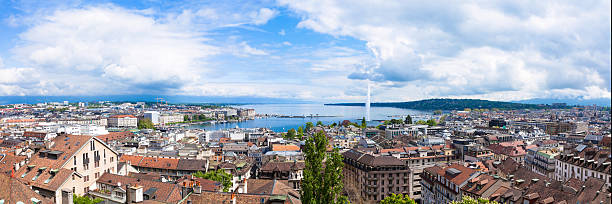 istock Panoramic view of Geneva water fountain 489046333