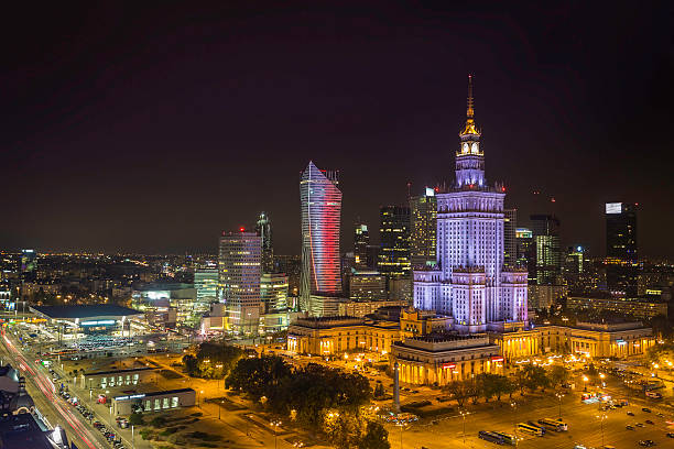 istock Warsaw downtown at night aerial view, Poland 489075626