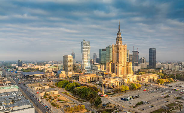 istock Warsaw downtown sunrise aerial view, Poland. 489075634