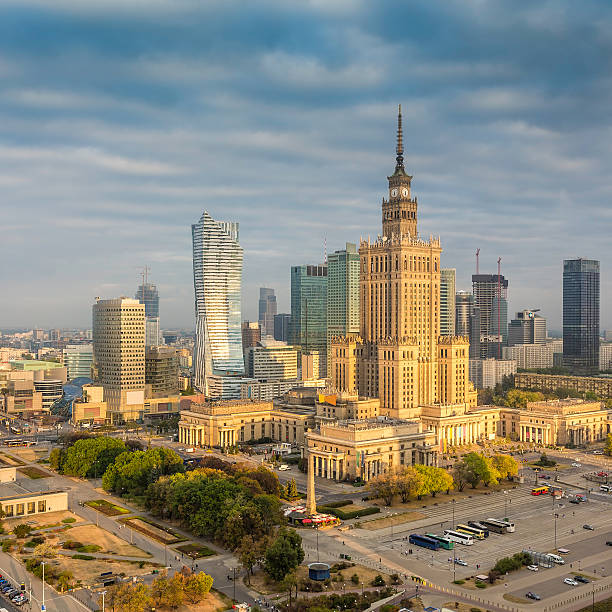 istock Warsaw downtown sunrise aerial view, Poland 489075638