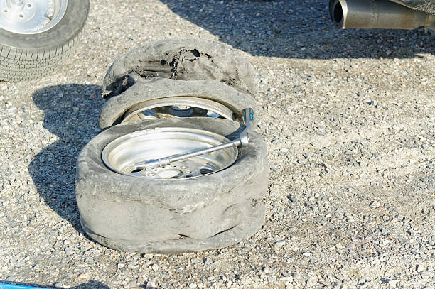 Froya Airport, Norway, 12 september 2015: Norwegian drifting car racing.  Destroyed tires and burnt tire tread on car drifting in Norway Island in the Atlantic Ocean and Norwegian fjord.