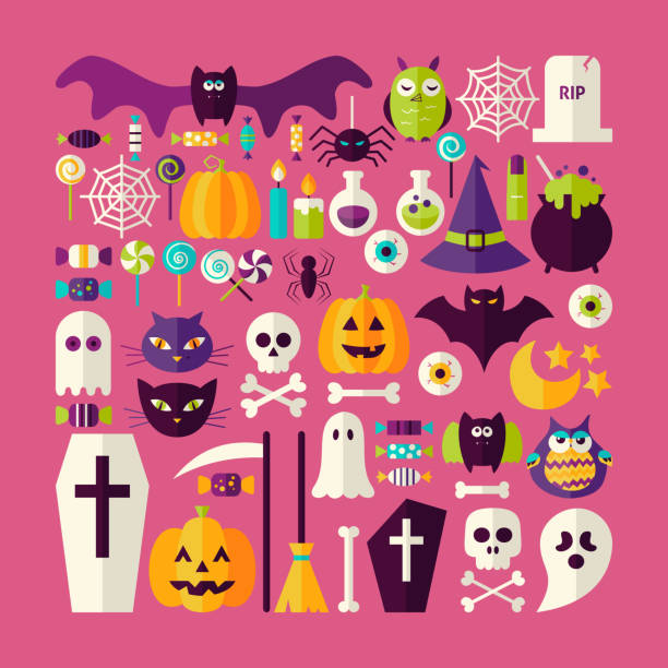 плоский стиль вектор big set of halloween holiday элементы - bat halloween human eye horror stock illustrations