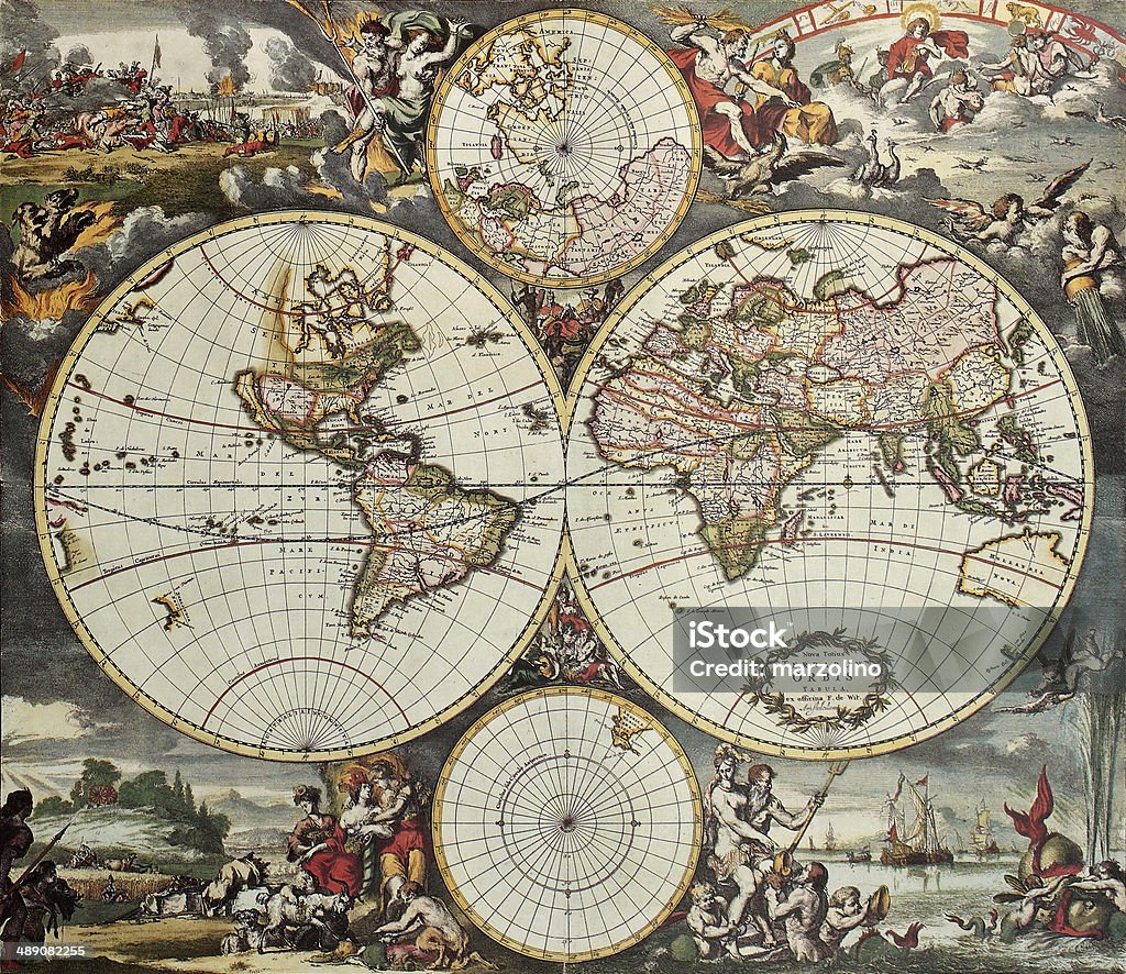 World hemispheres old map Old map of world hemispheres. Created by Frederick De Wit, published in Amsterdam, 1668 World Map stock illustration